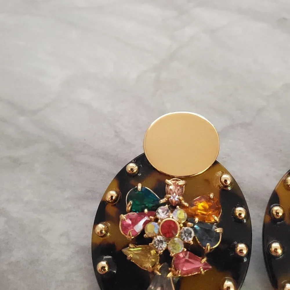 ✨ J.Crew Tortoise Shell Rhinesontes Crystsals Cluster Statement Earrings ✨